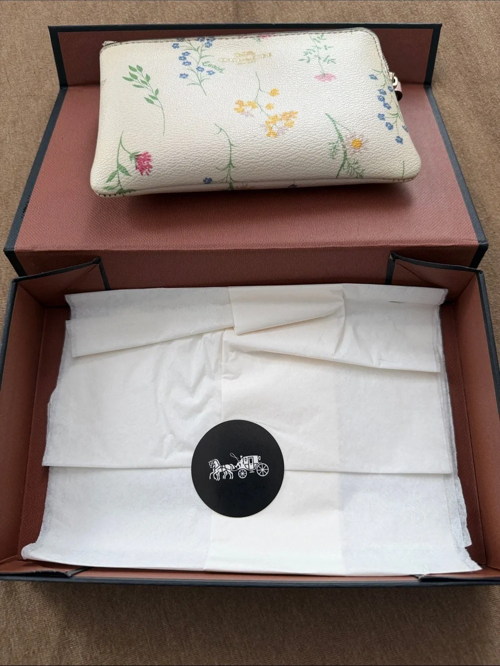 Coach Cream Floral Wristlet wallet  with Pink Strap - comes with box